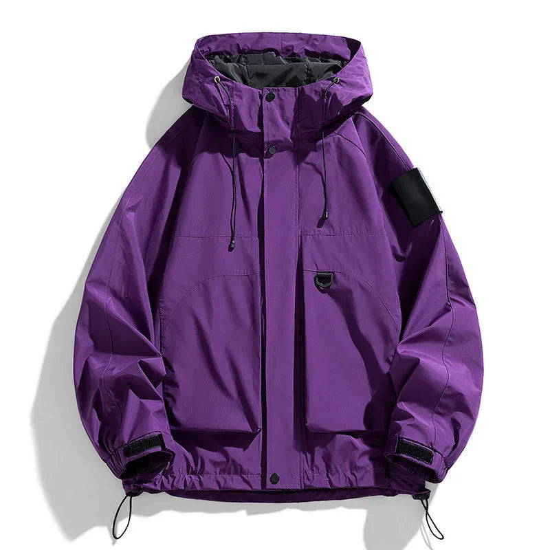Men's black hooded windproof waterproof jacket, long sleeve regular length coat.