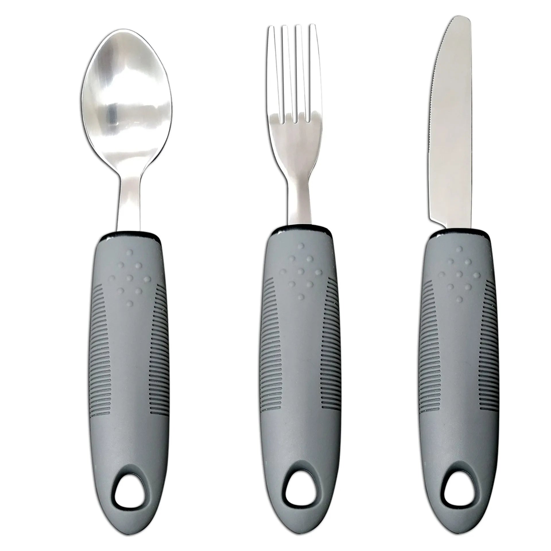 Adaptive cutlery set with stainless steel utensils and rubber grip handles for hand tremor assistance