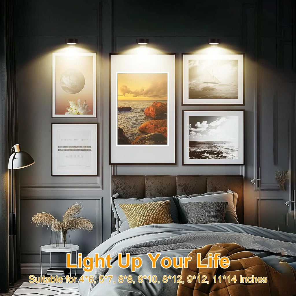 Wireless rechargeable LED painting lamp with magnetic belt attached to a metal frame, remote control nearby.