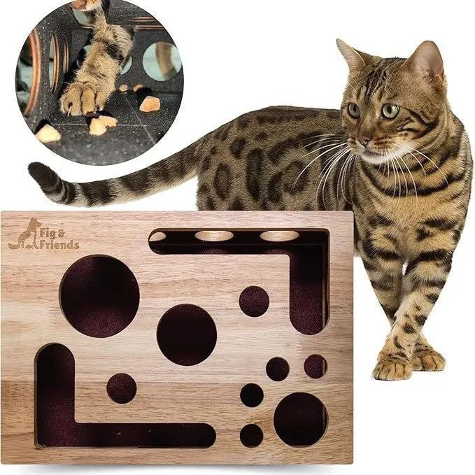 Solid wood square maze cat toy on wooden table natural colour