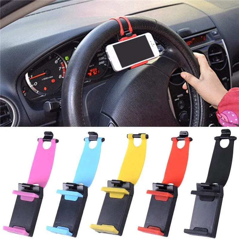 Universal steering wheel phone clip mount holder in black red blue yellow colours