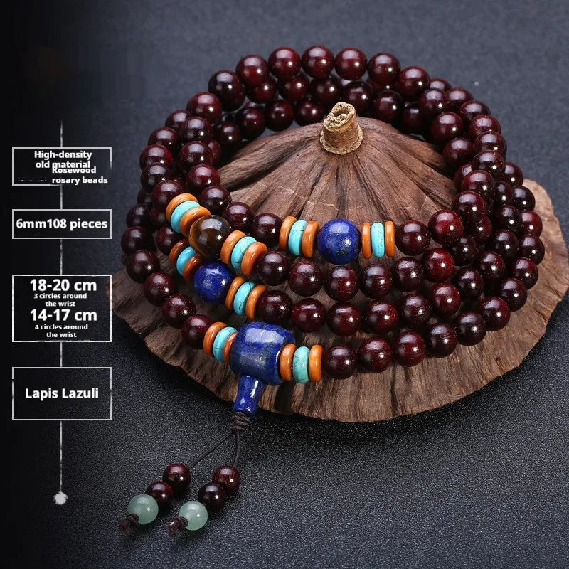 Men's rosewood bead bracelet with 108 beads, shown in a choice of lapis lazuli, turquoise, or red agate styles.