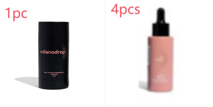 Matte sun tanning black liquid product duo showing 50ml tanning drops bottle and 75ml tanning flash cream tube