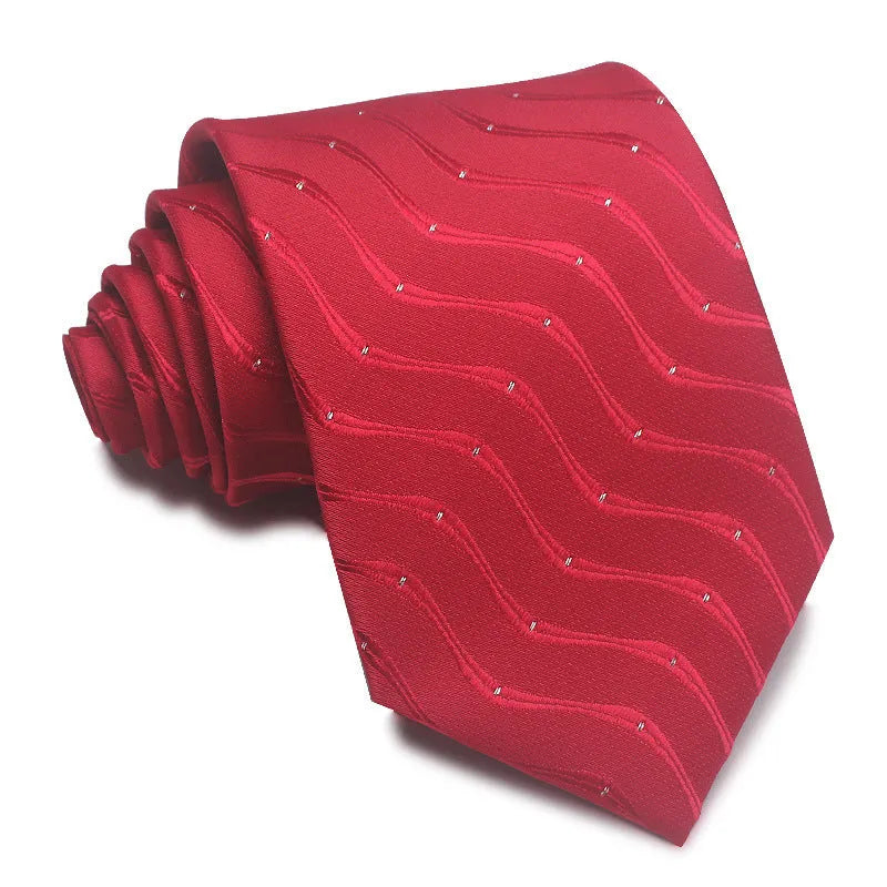 Man's red, black, and blue striped jacquard business tie with an 8cm width.