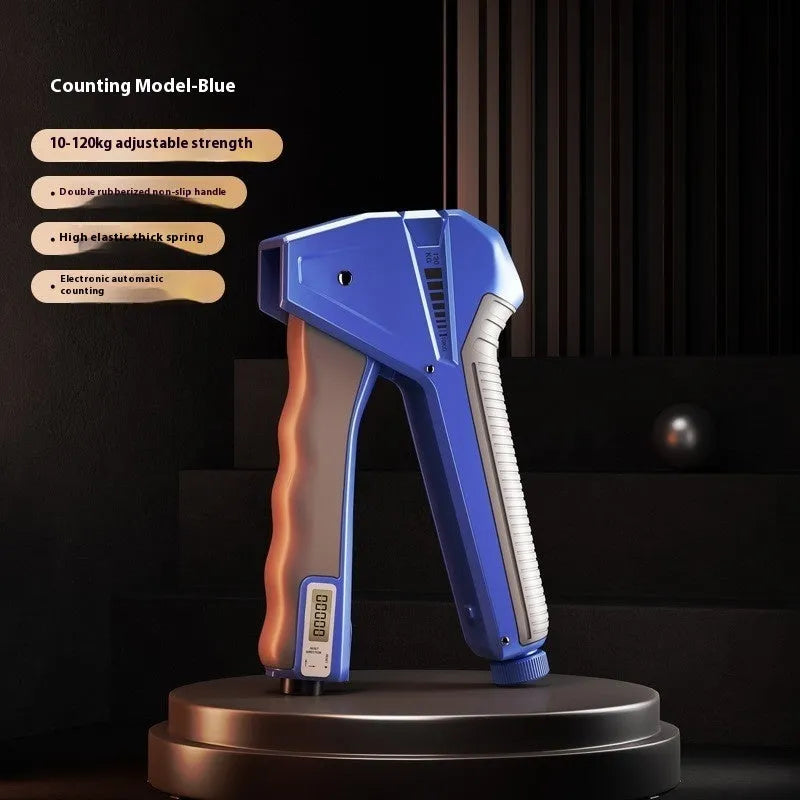 Adjustable hand gripper strength trainer with mechanical counter display, shown in orange colour.