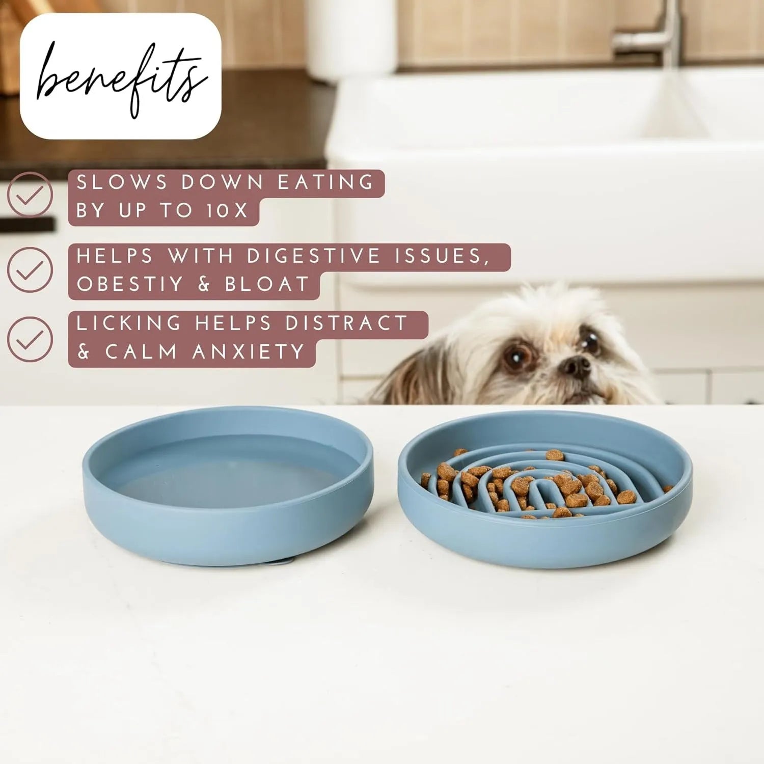 Silicone slow feeder dog bowl with textured ridges and nooks for slow eating, shown in assorted colours.