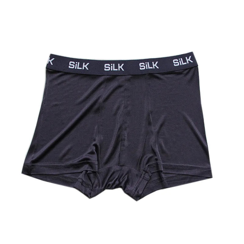 Men's loose fit silk shorts in navy blue, silver grey, and skin colour options