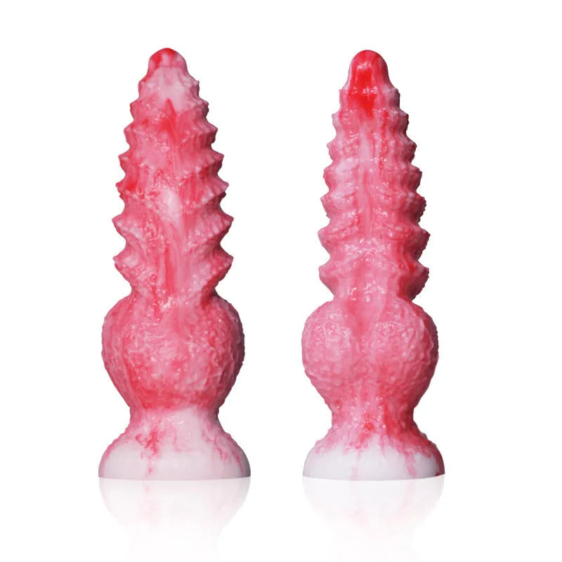 Pink platinum silicone women's masturbation toy shaped like a penis