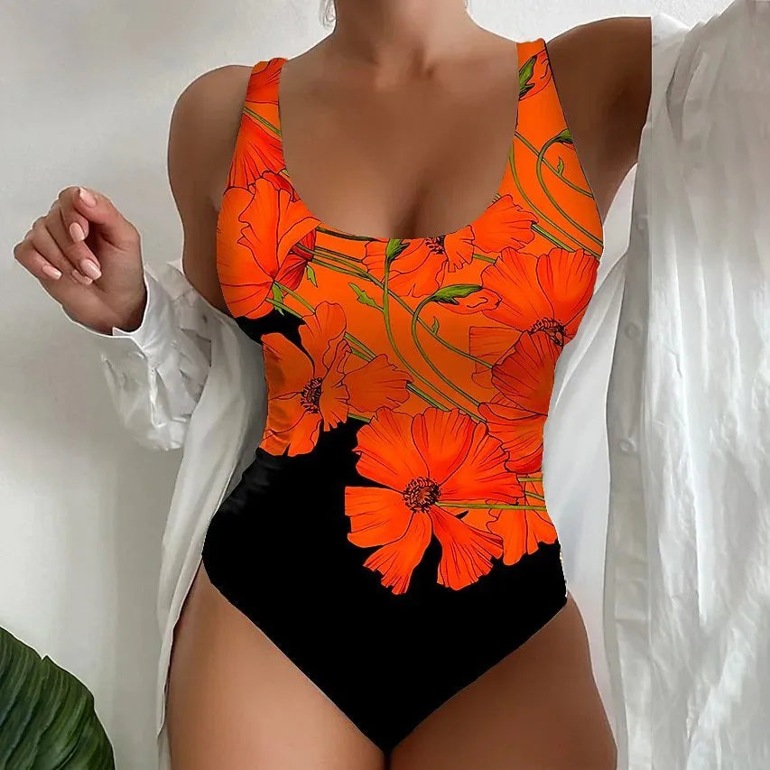 Women's one-piece swimsuit with a 3D printed pattern in orange red, made from polyester and spandex.