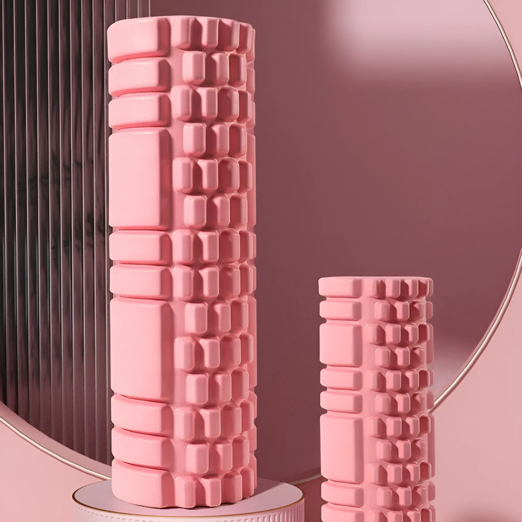 EVA foam roller for fitness in black, grey, pink, sky blue, or light purple, showing 30cm and 33cm size options.