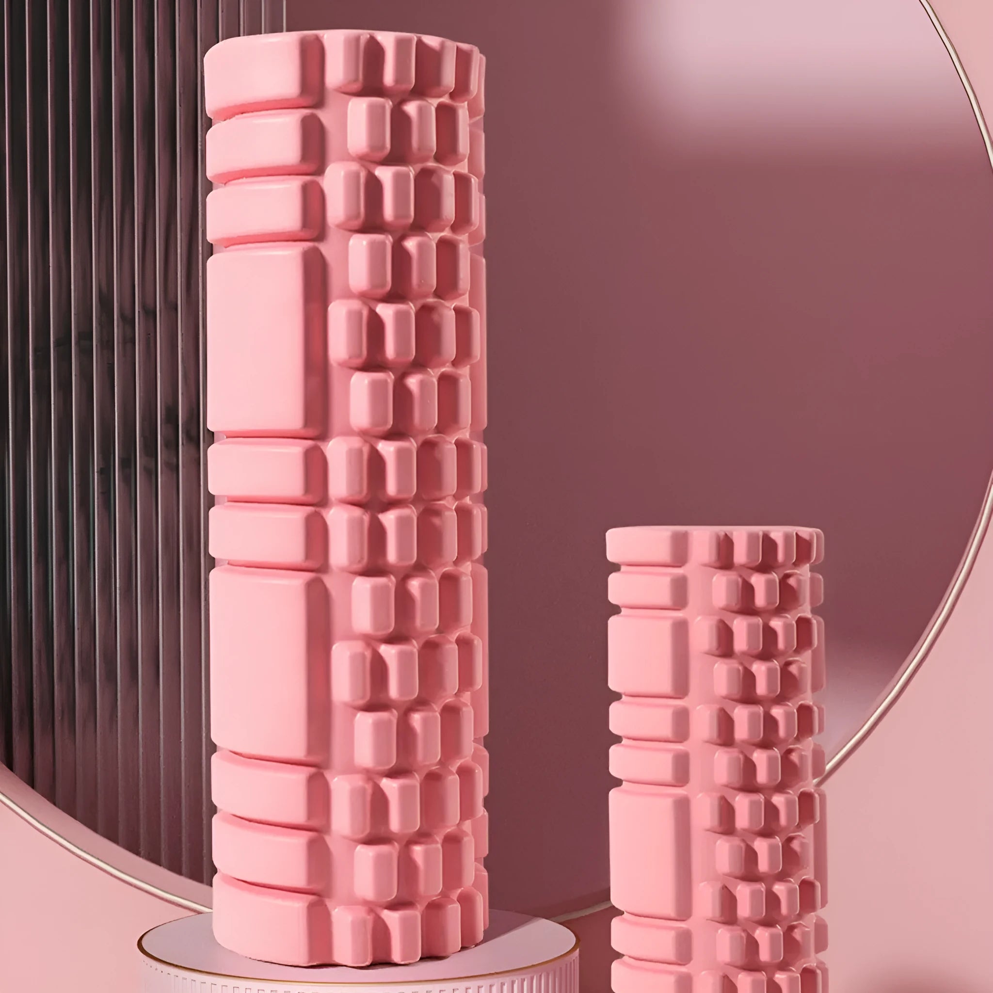 EVA foam roller for fitness in black, grey, pink, sky blue, or light purple, showing 30cm and 33cm size options.