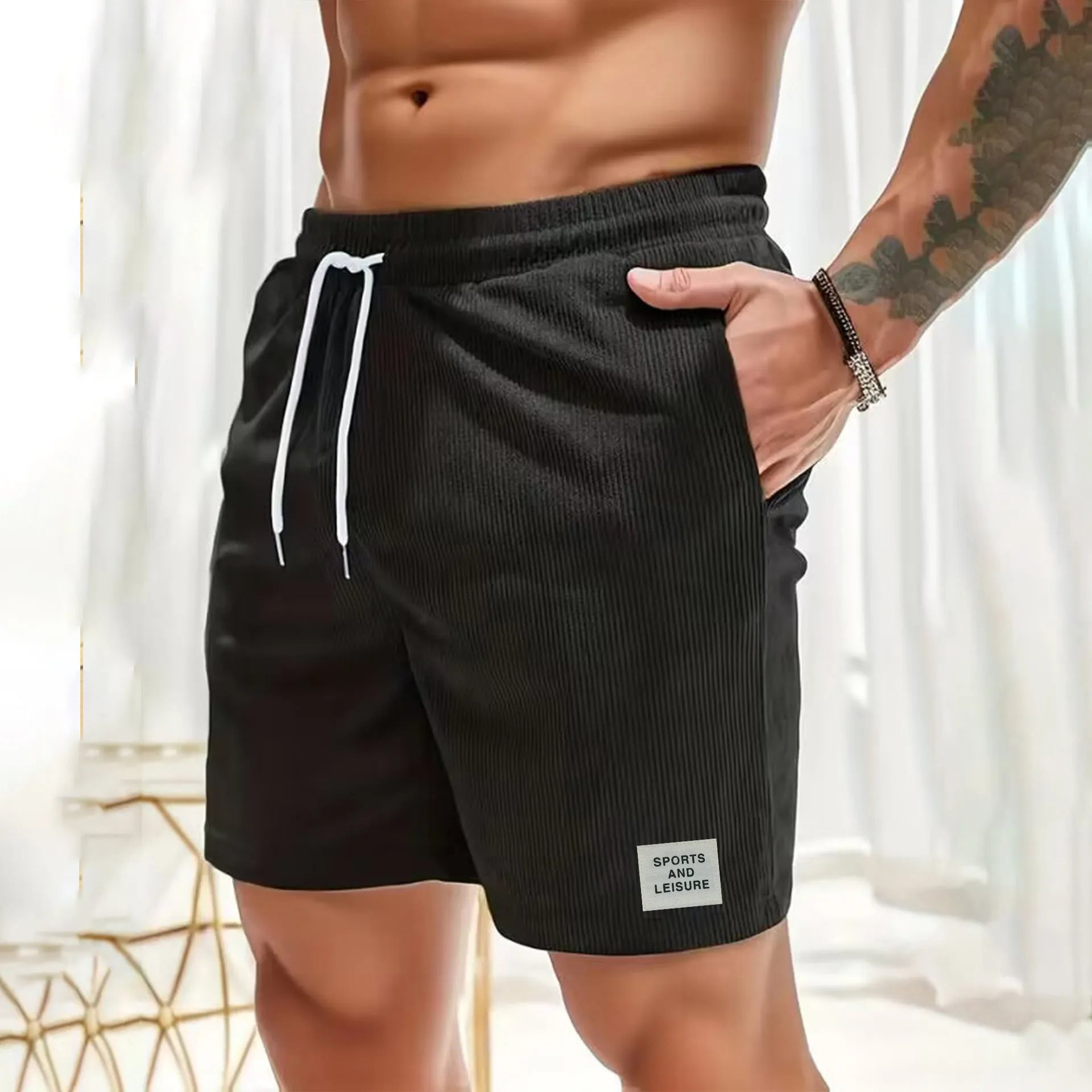 Summer pure colour tie-waist corduroy sports running pants for men and women in breathable polyester fibre