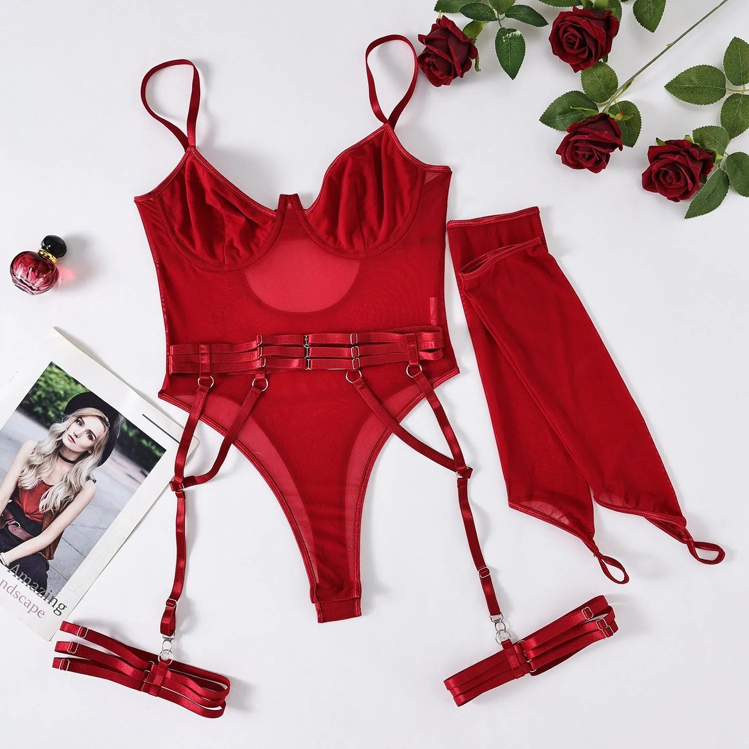 Women's transparent polyester mesh jumpsuit in red colour showing full-body coverage and see-through fabric properties