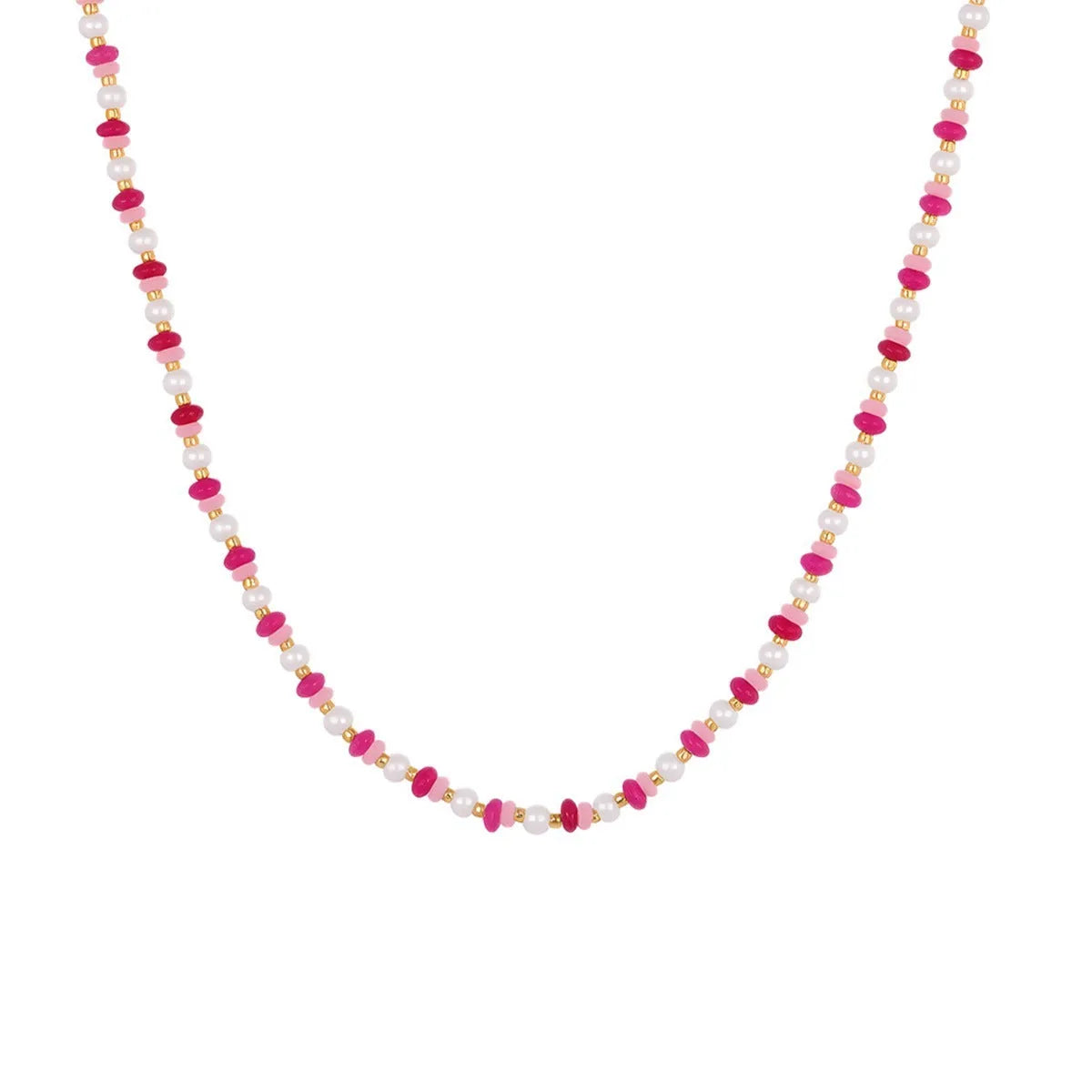 18K gold plated stainless steel chain necklace with pink electroplated resin bead pendant on white background