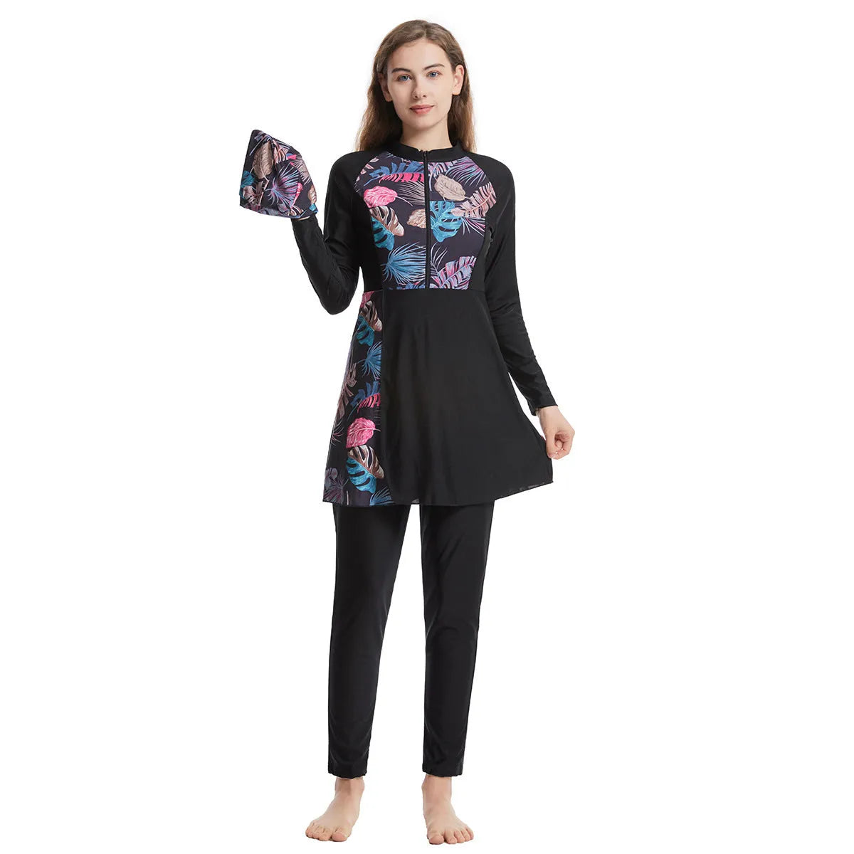 Quick-drying women's conservative swimwear three-piece suit in nylon, black colour, with stitching details