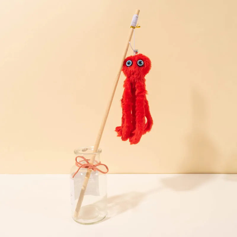 Furry octopus cat toy with eyes on 40cm long stick in pink colour for kitten play