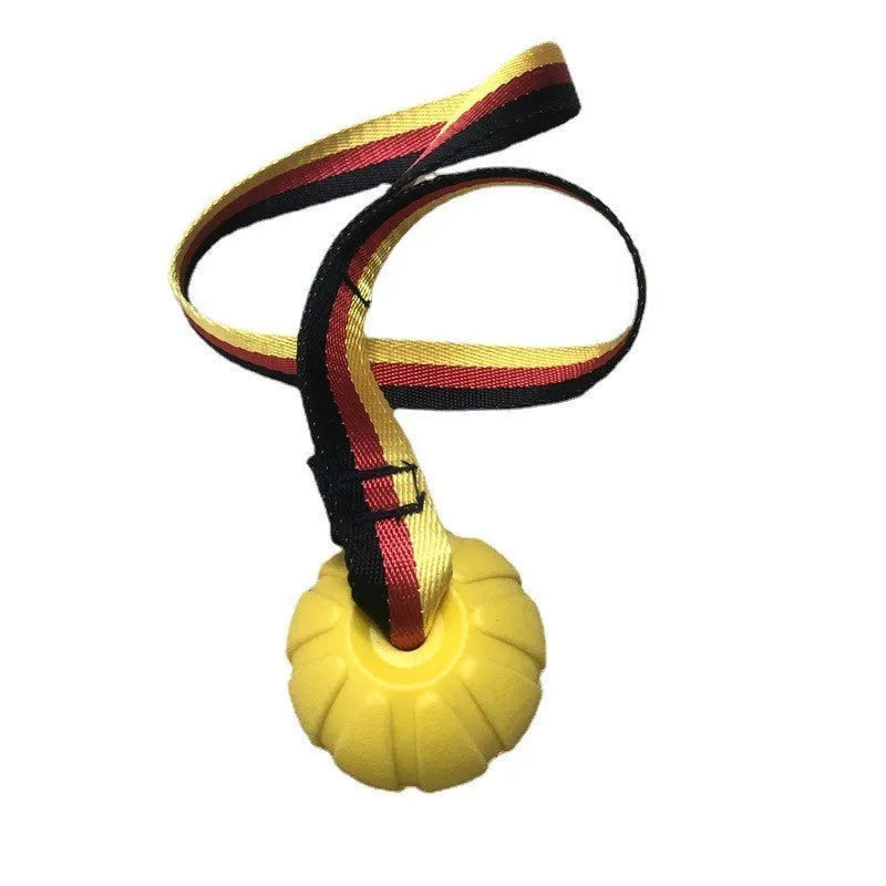 Camouflage and yellow EVA foam floating dog training balls in three different sizes on a blue background.