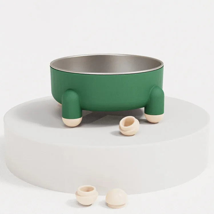 Stainless steel raised pet bowl with non-slip base in green, pink and white colour options