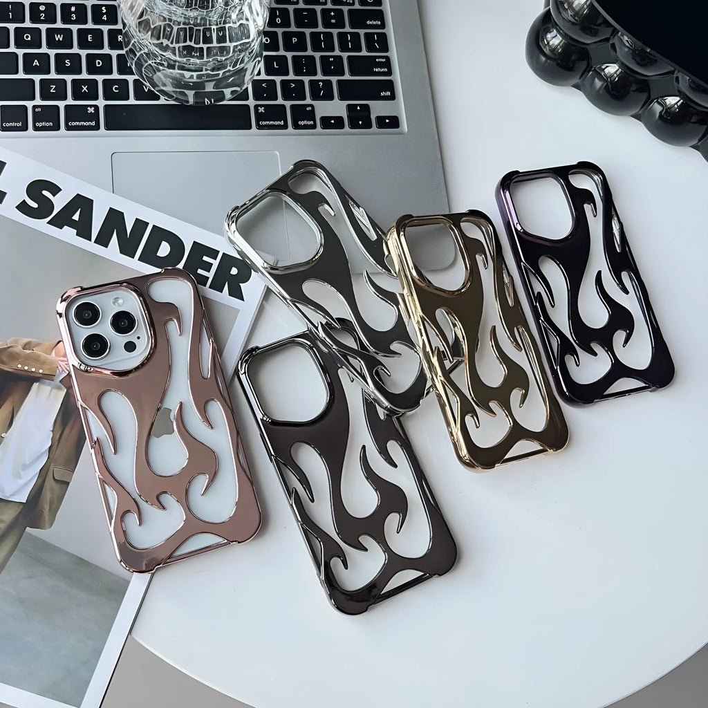 Electroplated hollow flame pattern iPhone case in silver with TPU soft shell construction