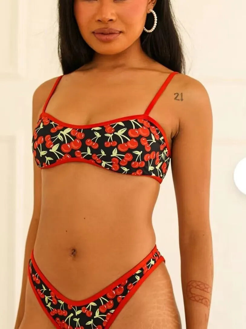 Women's cherry print floral tube top bikini swimsuit in polyester fabric