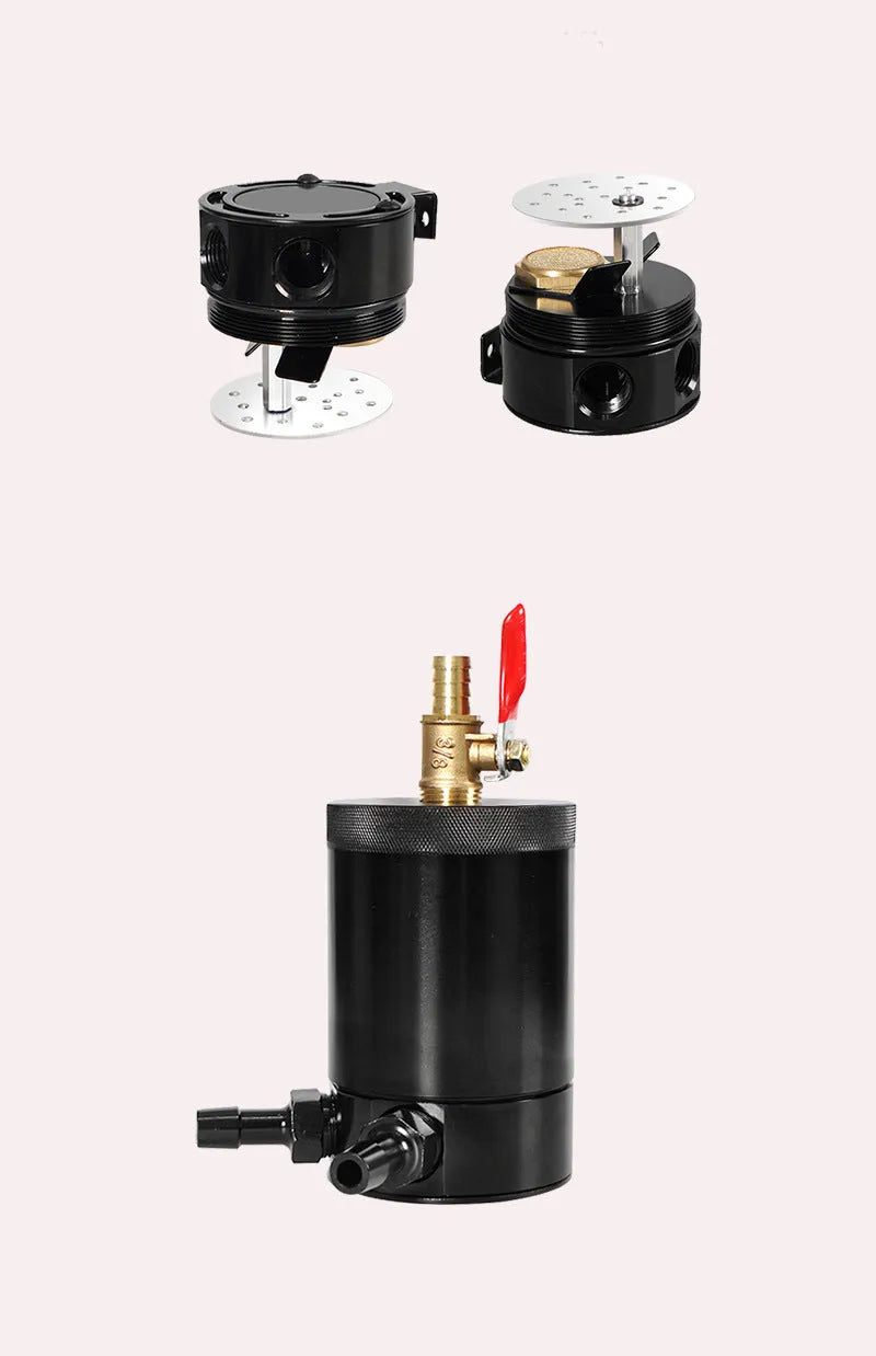 Black aluminium automotive oil pot with two connector holes and optional drain valve