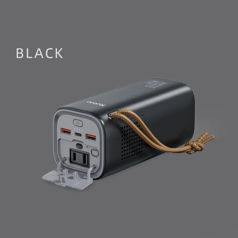 Black portable power bank with 20000mAh capacity and solar panel for emergency outdoor charging.