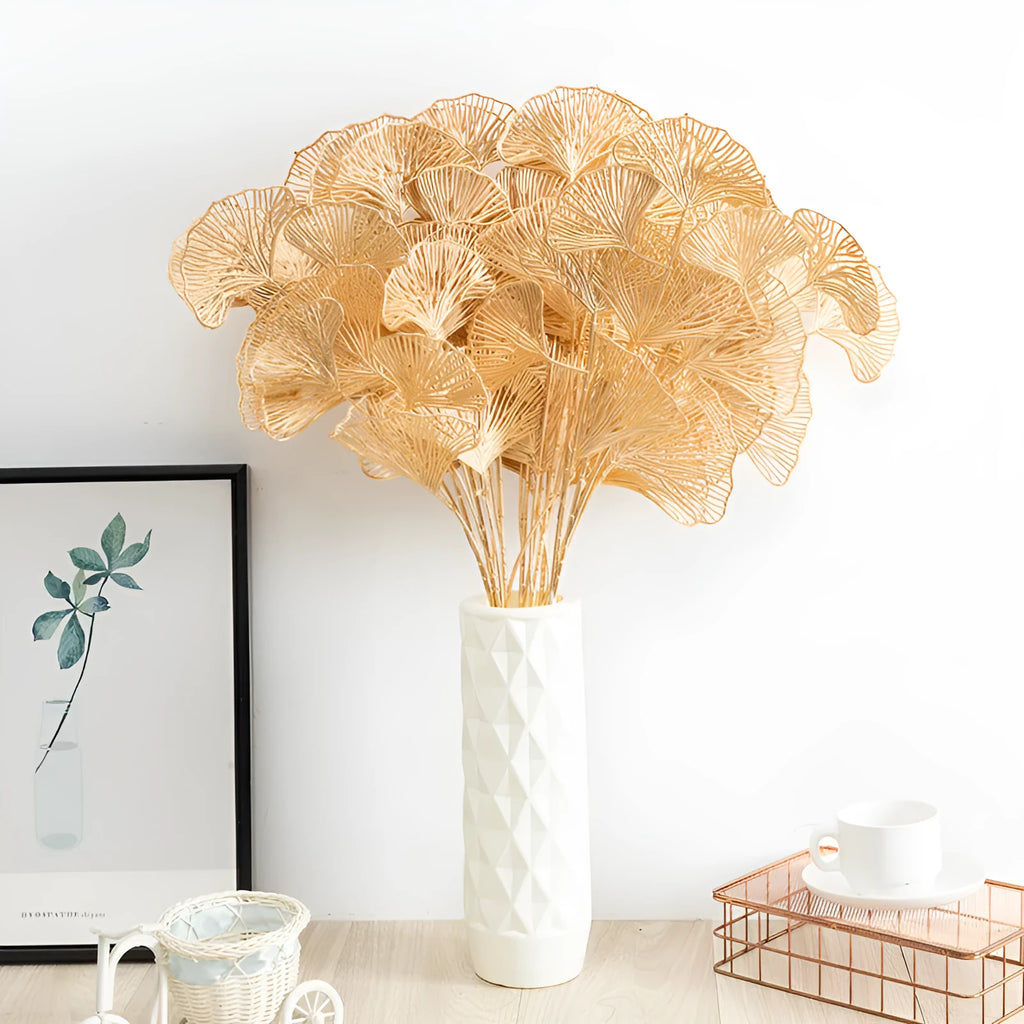 Gold plastic Persian eucalyptus and ginkgo leaf artificial flower arrangement for wedding decor