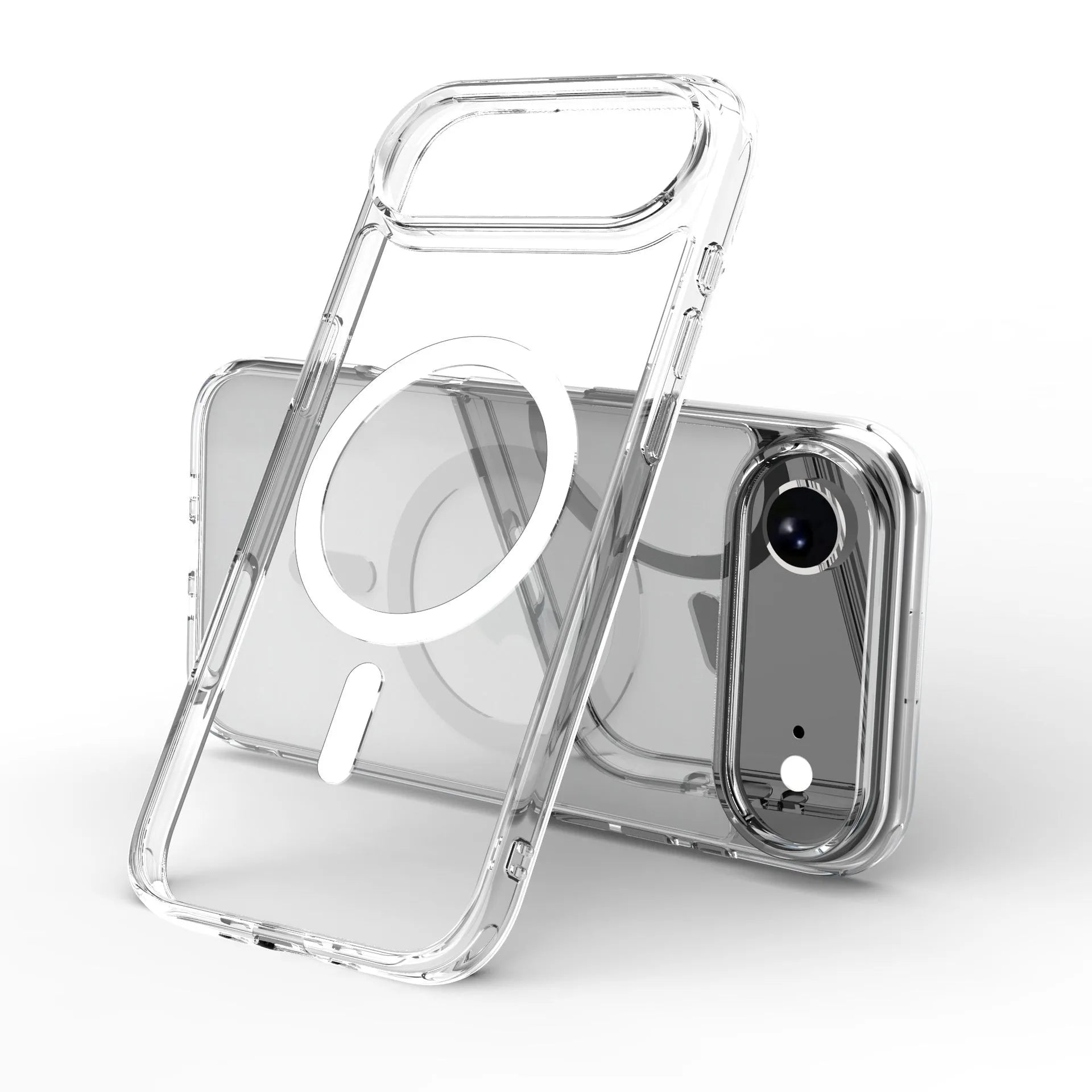 Transparent magnetic iPhone 17 phone case showing TPU composite construction and magnetic charging compatibility