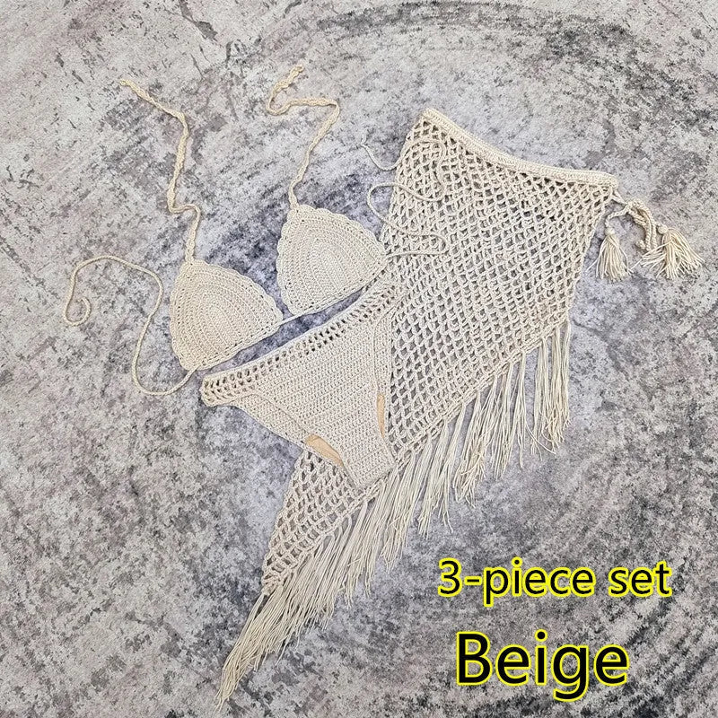 Women's 3-piece crochet bikini swimsuit set in a choice of colours on a mannequin.