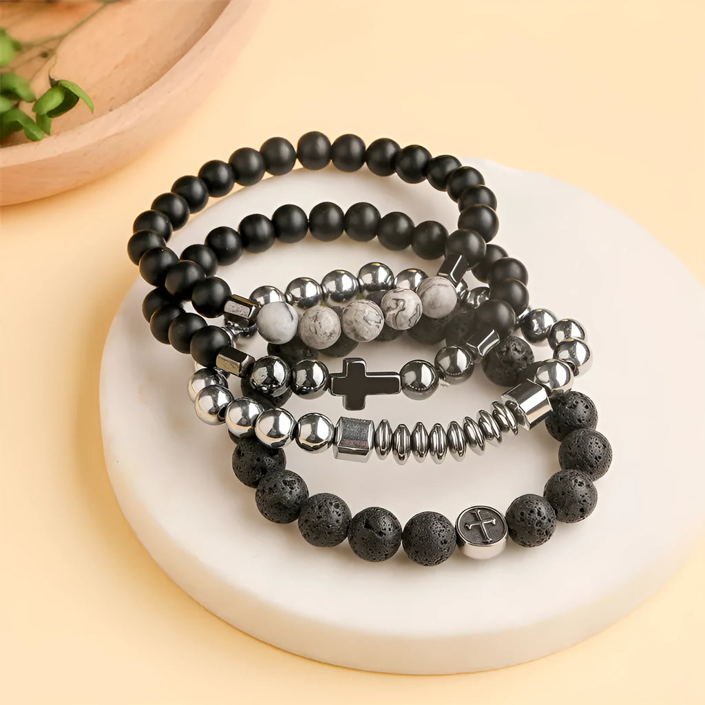 Men's agate bracelet with volcanic rock coloured geometric stones on stainless steel band