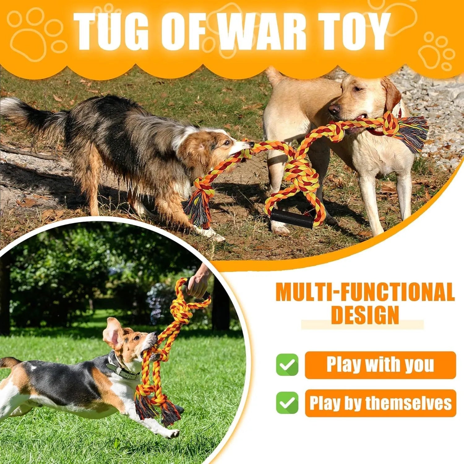 Blue and yellow cotton rope dog tug toy with a handle for large breed aggressive chewers