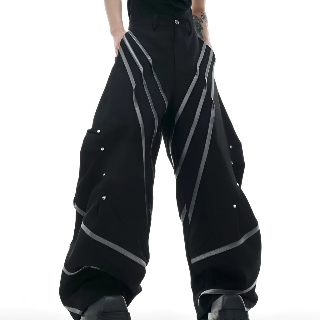 Men's polyester trousers with three-dimensional cutting and metal striped rivet pleated design