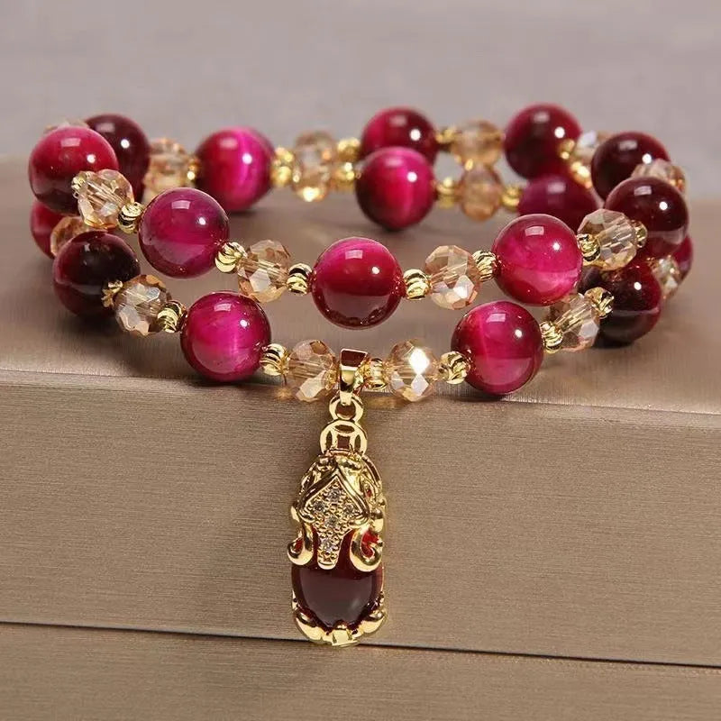 Handmade natural Vanves stone and Tigereye bead bracelet on single or double chain in green or rose red.