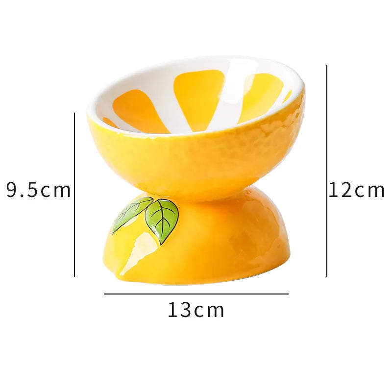 Ceramic raised cat bowl with tilted design in orange, pitaya, or watermelon patterns