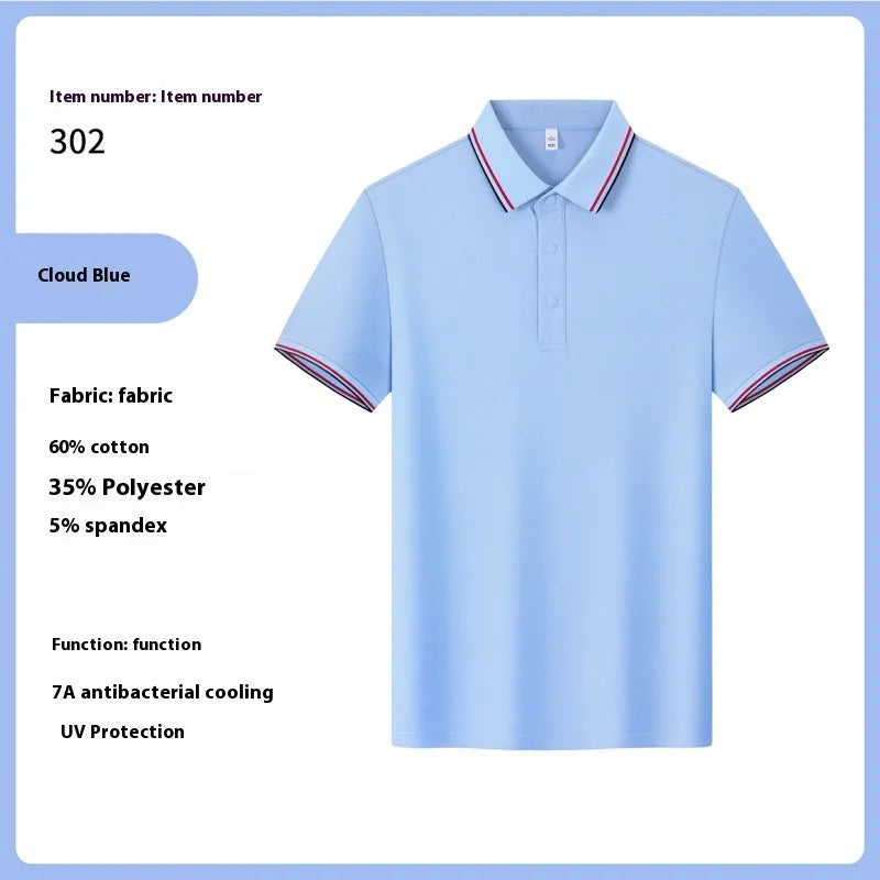 Men's solid colour cotton lapel T-shirt, short sleeve, summer pullover, in Cloud Blue