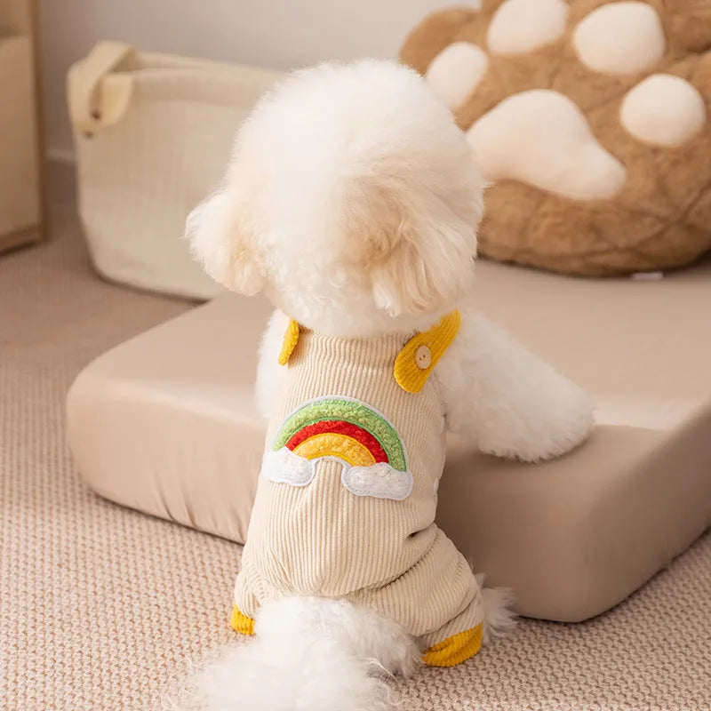 Small dog wearing rainbow corduroy jumpsuit in Beige with flannel lining, autumn winter pet overalls