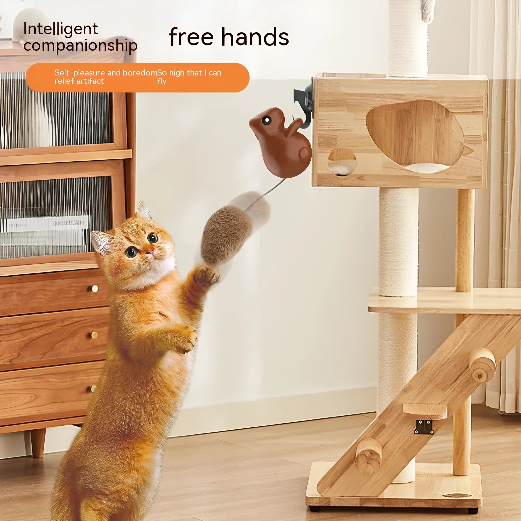 Dark brown plastic squirrel-shaped smart cat teaser toy with USB charging port on black background