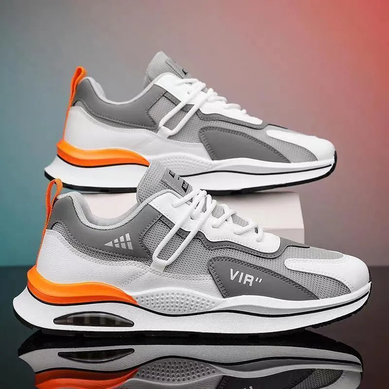 Men's grey breathable mesh casual running shoes with a lightweight EVA sole on a white background.