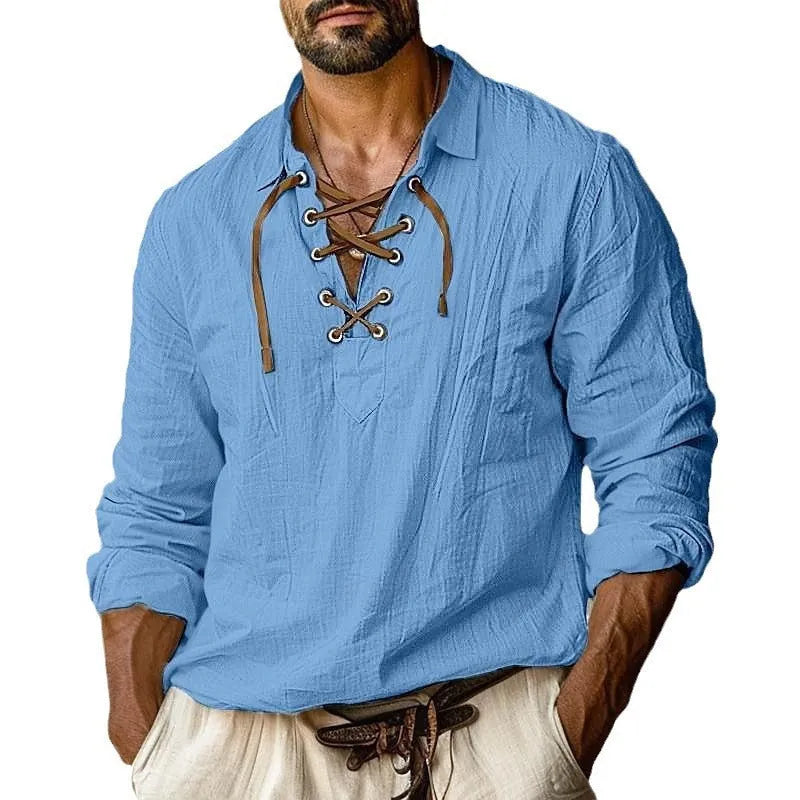 Men's loose fit plus size linen shirt with lapels and lace detailing in a solid colour.