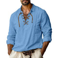 Men's loose fit plus size linen shirt with lapels and lace detailing in a solid colour.
