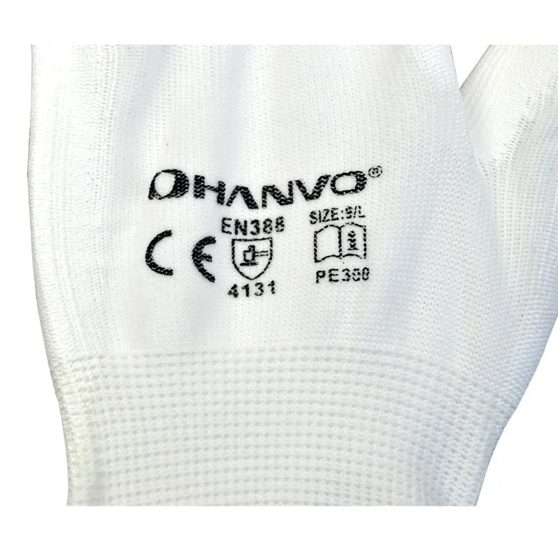 White PU coated labour gloves showing flexible construction and 24 cm length.