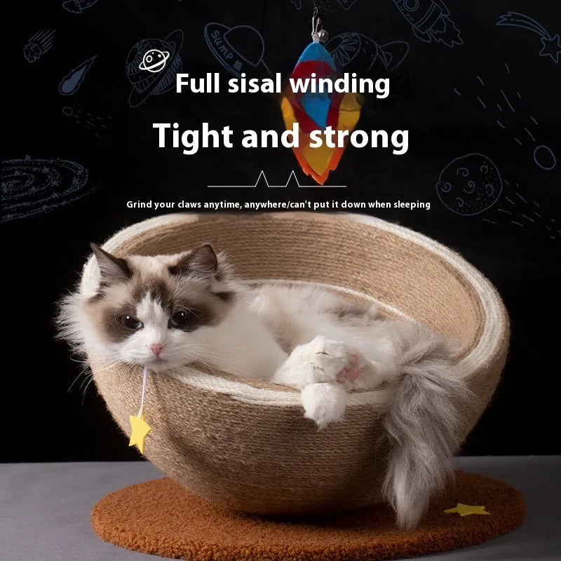 Large integrated cat scratching basin and bed with sisal rope surfaces and flannel fabric in starlight design