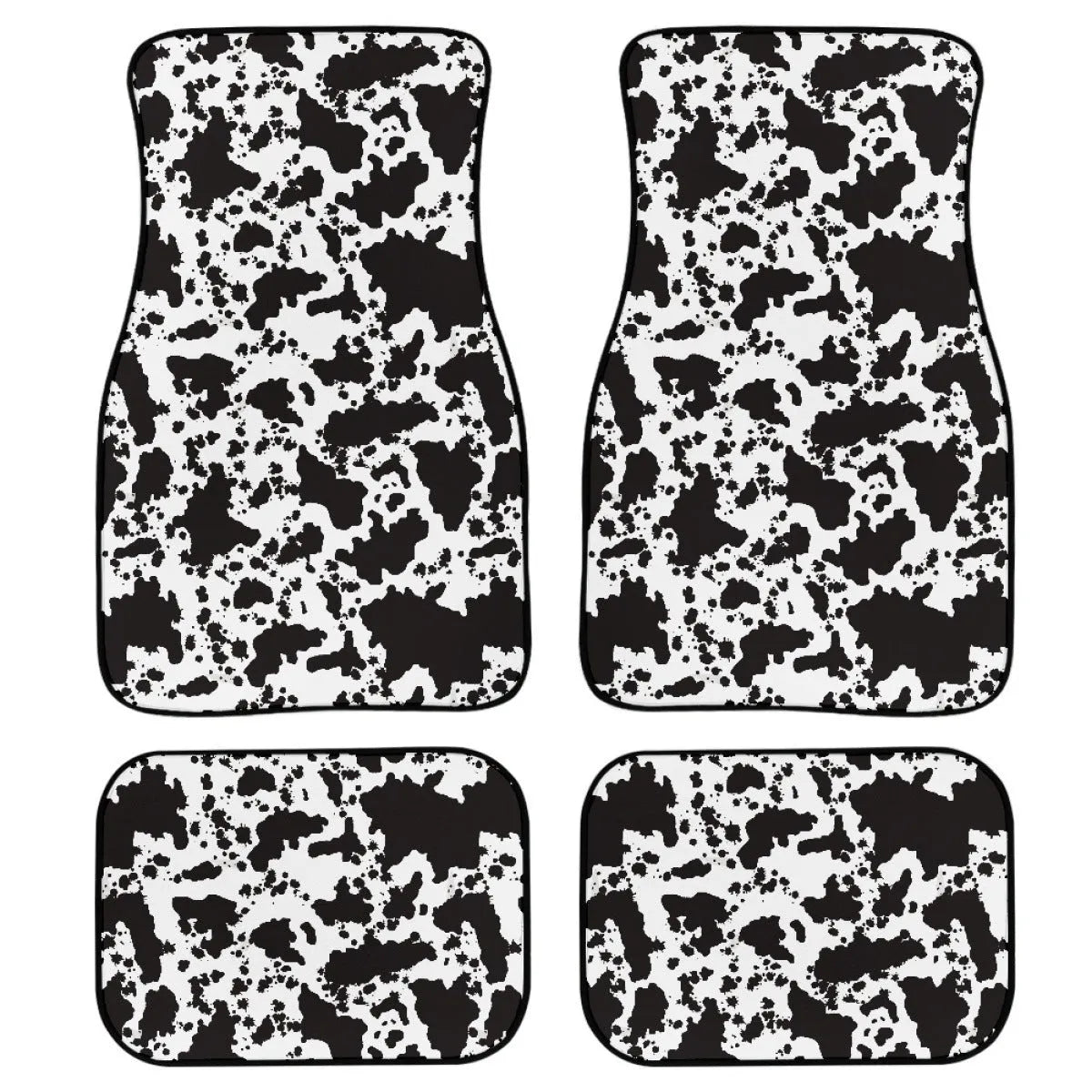 Black printed rubber car foot mat set showing 20mm thickness and waterproof texture for universal vehicle fit