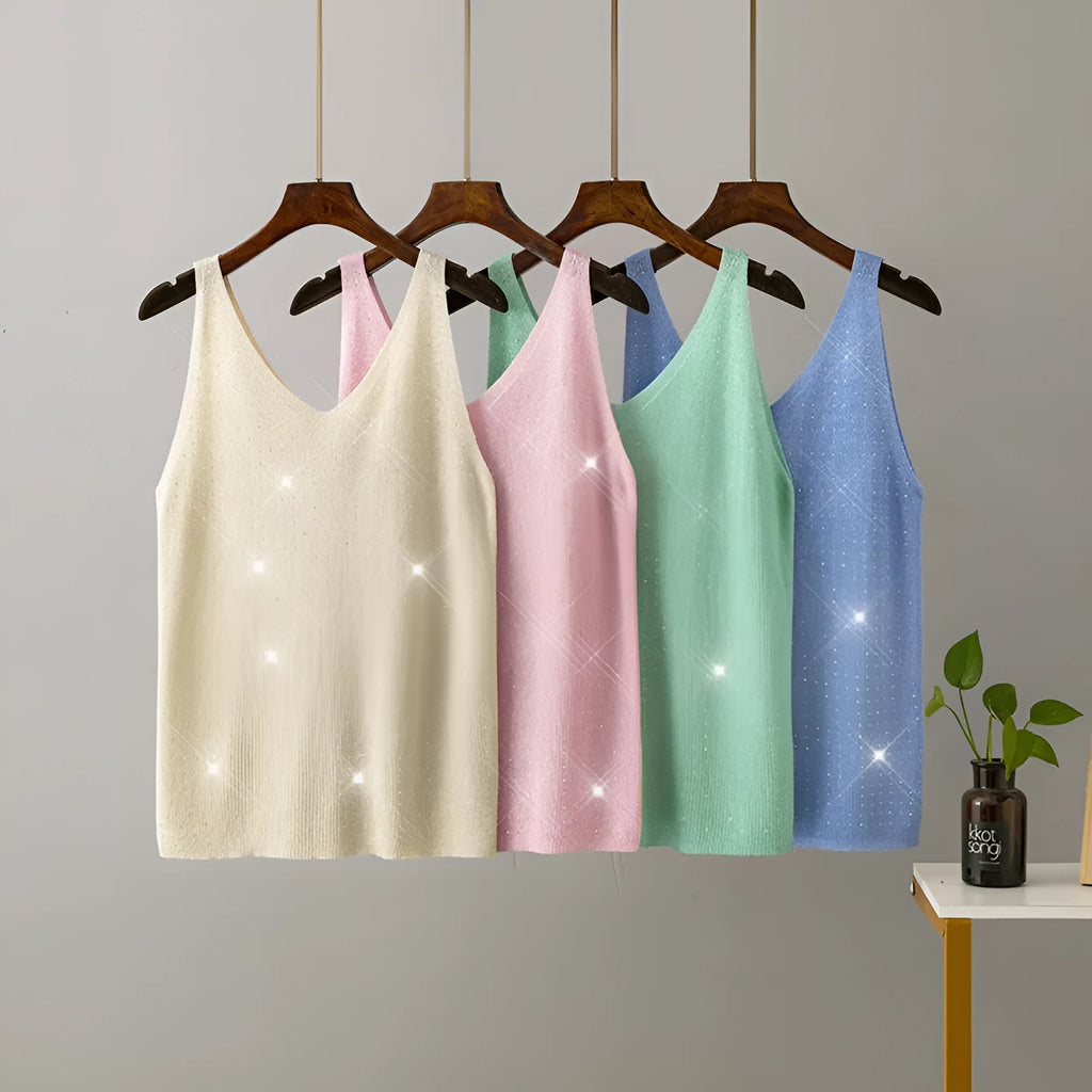 Ice silk knitted bright thread diamond-encrusted V-neck camisole in slim fit, shown in multiple colours including black, white, pink, and khaki