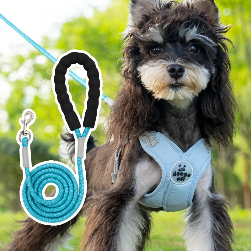 A pink dog vest harness connected to a matching hand-holding lead on a white background.