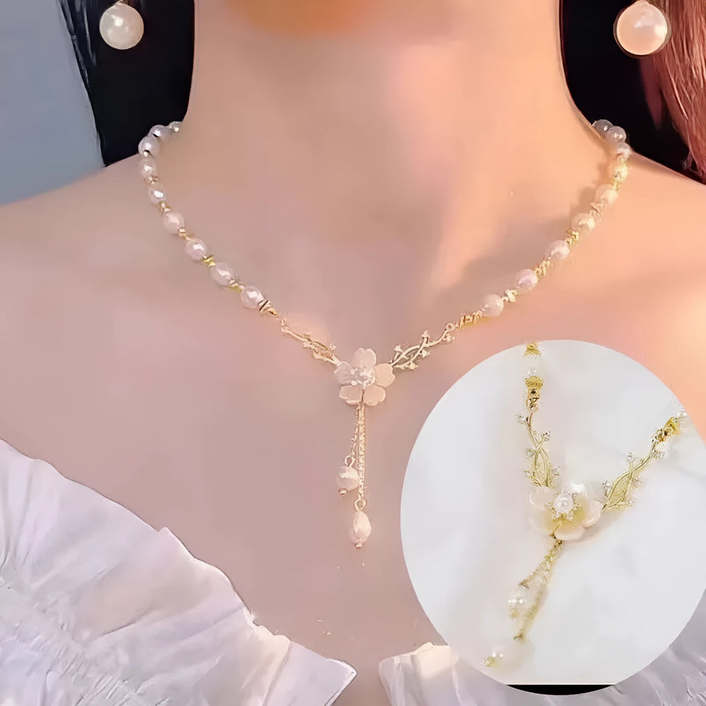Women's alloy pearl chain necklace with rose and floral design elements in pearl flower colour