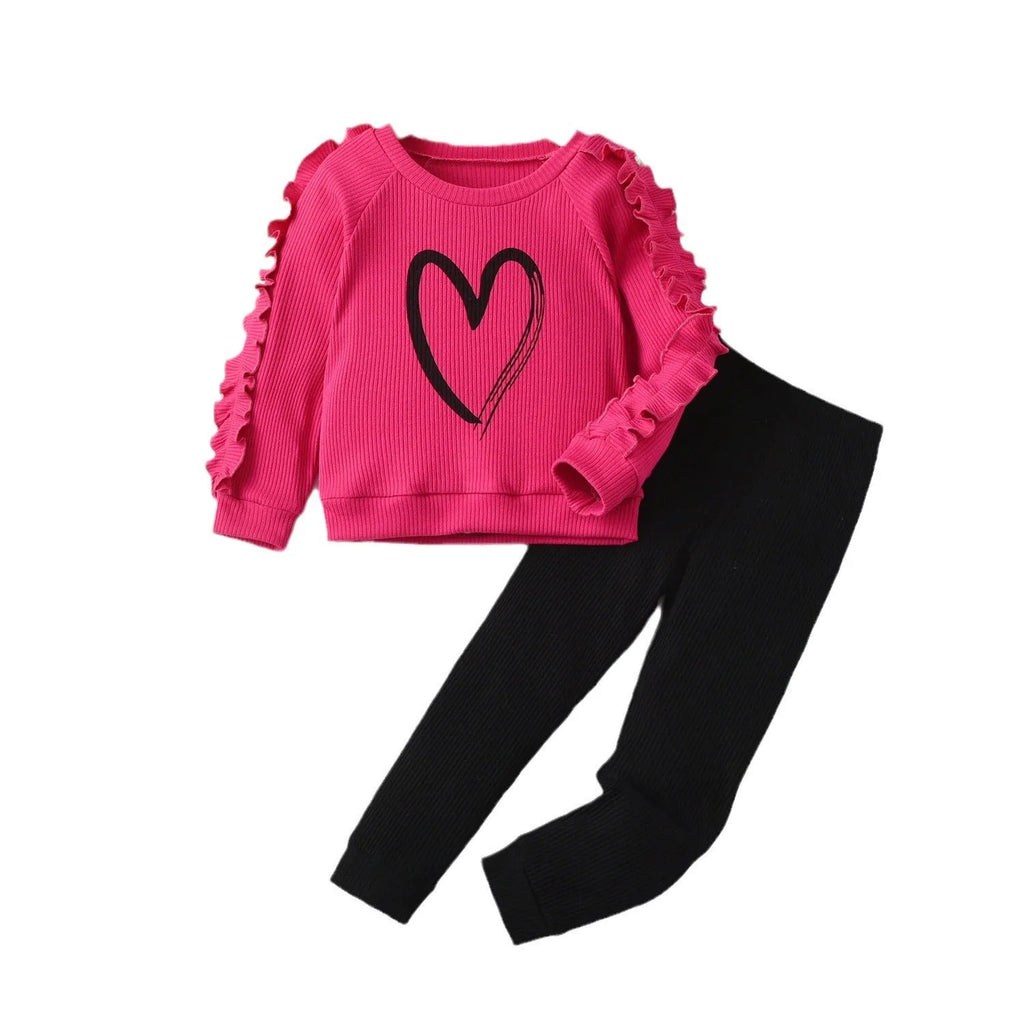 Girls rose red heart print lace long sleeve cotton sweater and trousers two-piece set on child