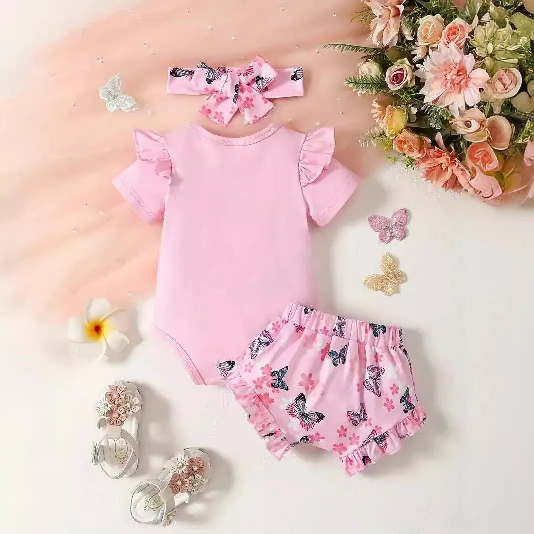 Baby girl summer short sleeve butterfly print polyester two-piece suit in peach colour on white background