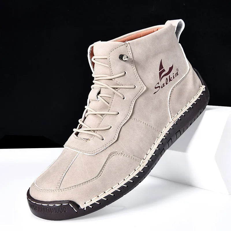 Retro high-top casual boots in artificial PU leather with a round toe and elastic band, shown in beige colour.