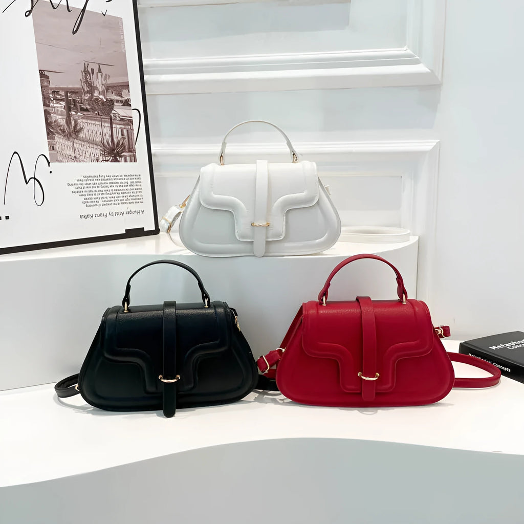PU leather horizontal square casual handbag with stitching detail in black